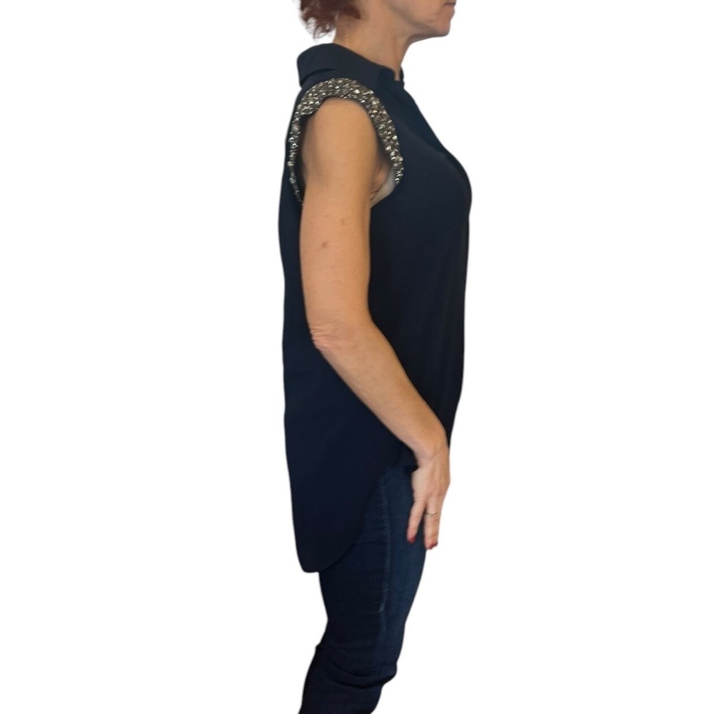 Women's HAUTE HIPPIE Navy Blue Beaded Embellished Cap Sleeve Silk Blouse S $395 - Picture 11 of 16